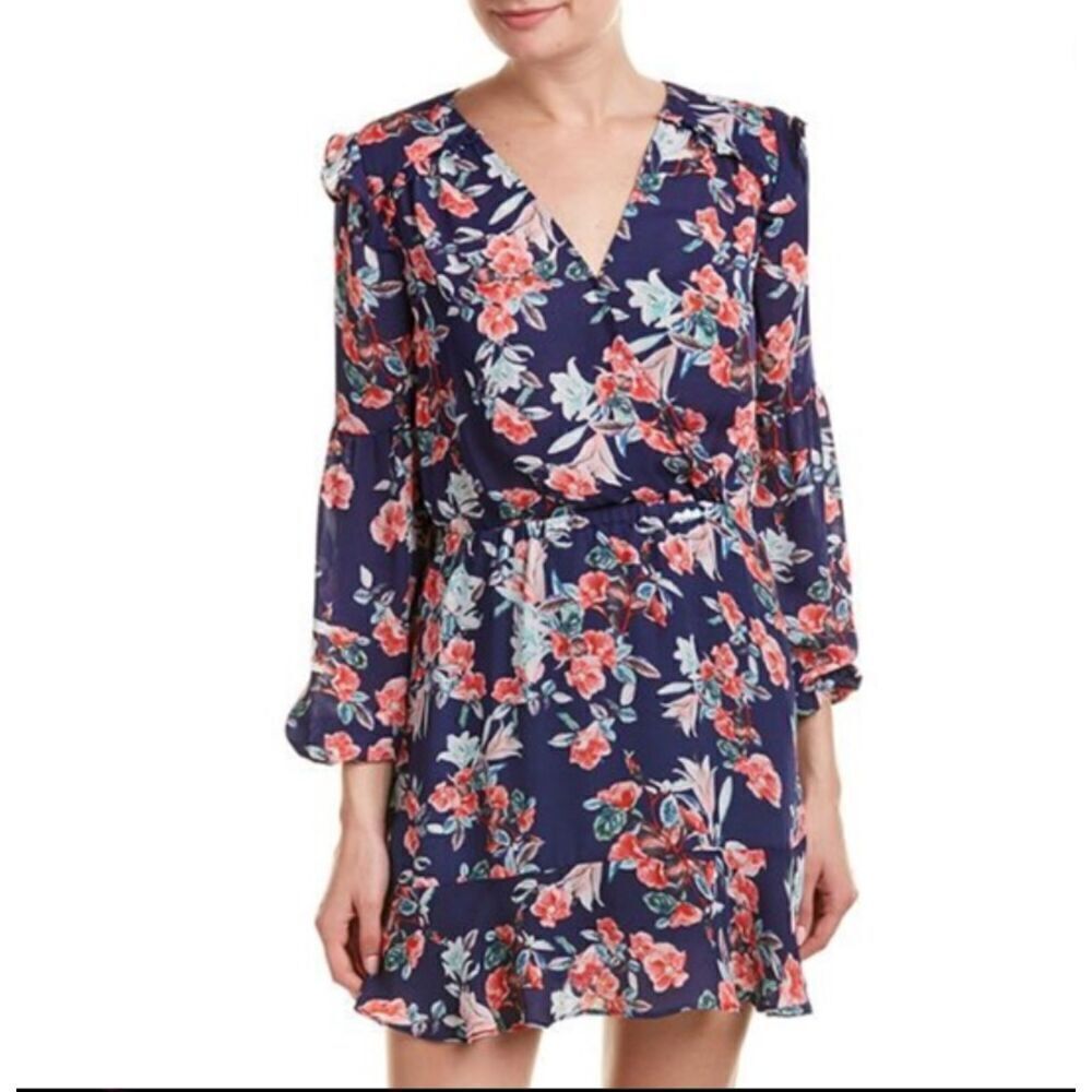 Parker Navy Floral Ruffle Dress‎ Wrap Front Side Tie Lined Size S